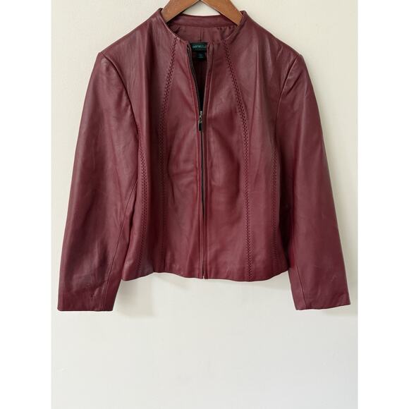 Sienna Studio Womens Size L Leather Jacket Bordeaux Stitched Crop Zip Casual - Picture 1 of 11